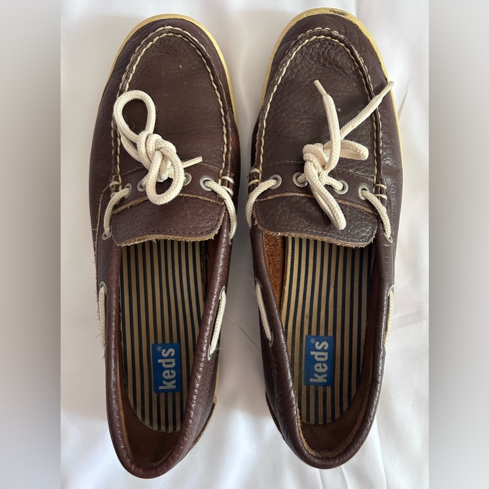 Keds Brown Leather Boat Shoes with Cream Laces
